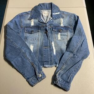Love Tree Cropped Distressed Medium Wash Denim Jean Jacket Women's Medium M